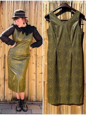 Vintage 90s Vision Apparel Green Snake Print Pleather Sleeveless Sheath Dress M